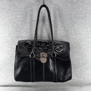 PATRICIA NASH Vienna Black Embossed Rose Tooled Turnlock Satchel Handbag (PU2)